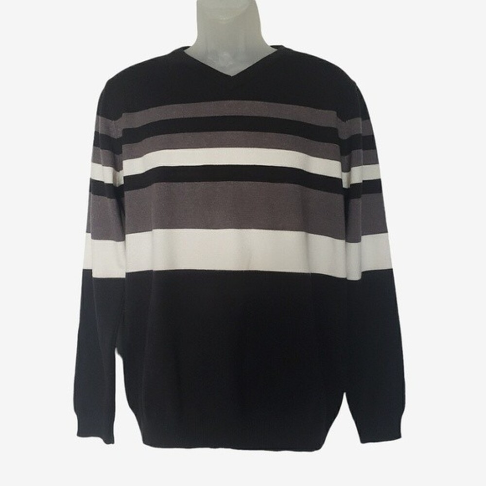 Scott James Sweater Mens Size L V-Neck Black Gray‎ Cream Striped Preppy Academia